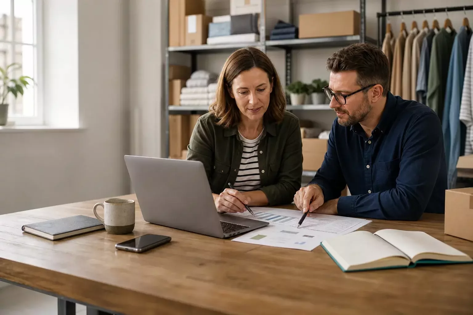 A founder and business adviser reviewing a plan