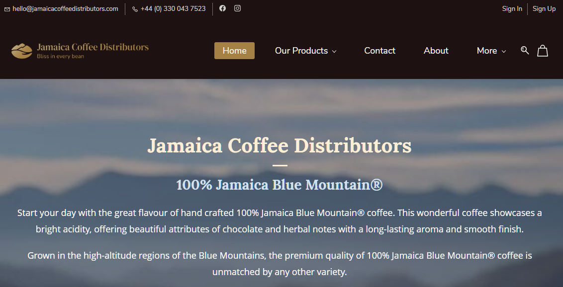 Snapshot of the Jamaica Coffee Distributors website.
