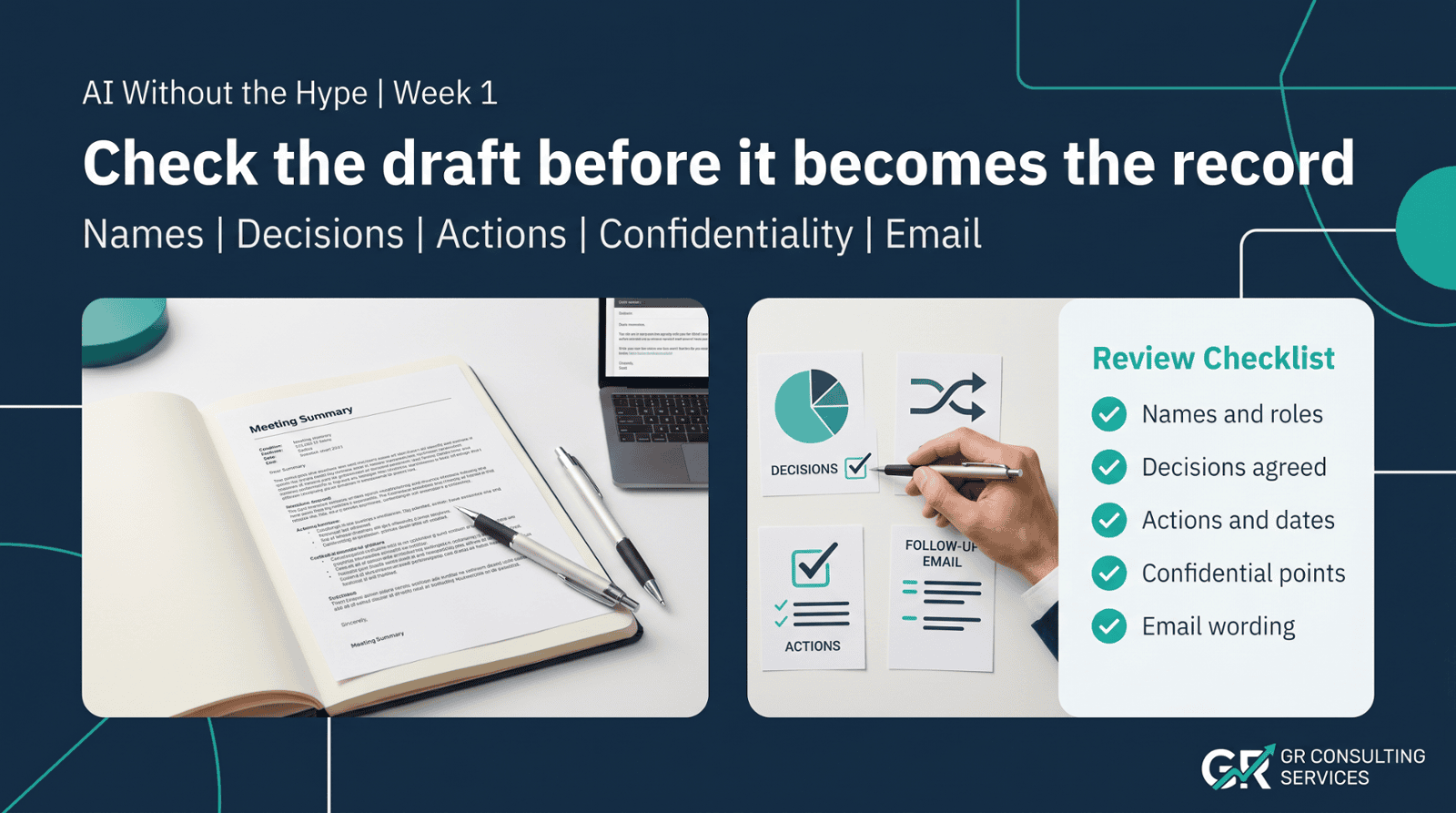 A review checklist graphic showing names, decisions, actions, confidential points and email wording being checked before a meeting draft becomes the record.